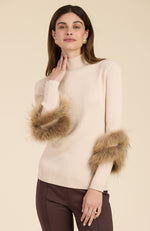 Cotton Cashmere Mock Neck Fur Sweater - Limestone