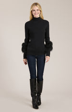 Cotton Cashmere Mock Neck Fur Sweater - Black