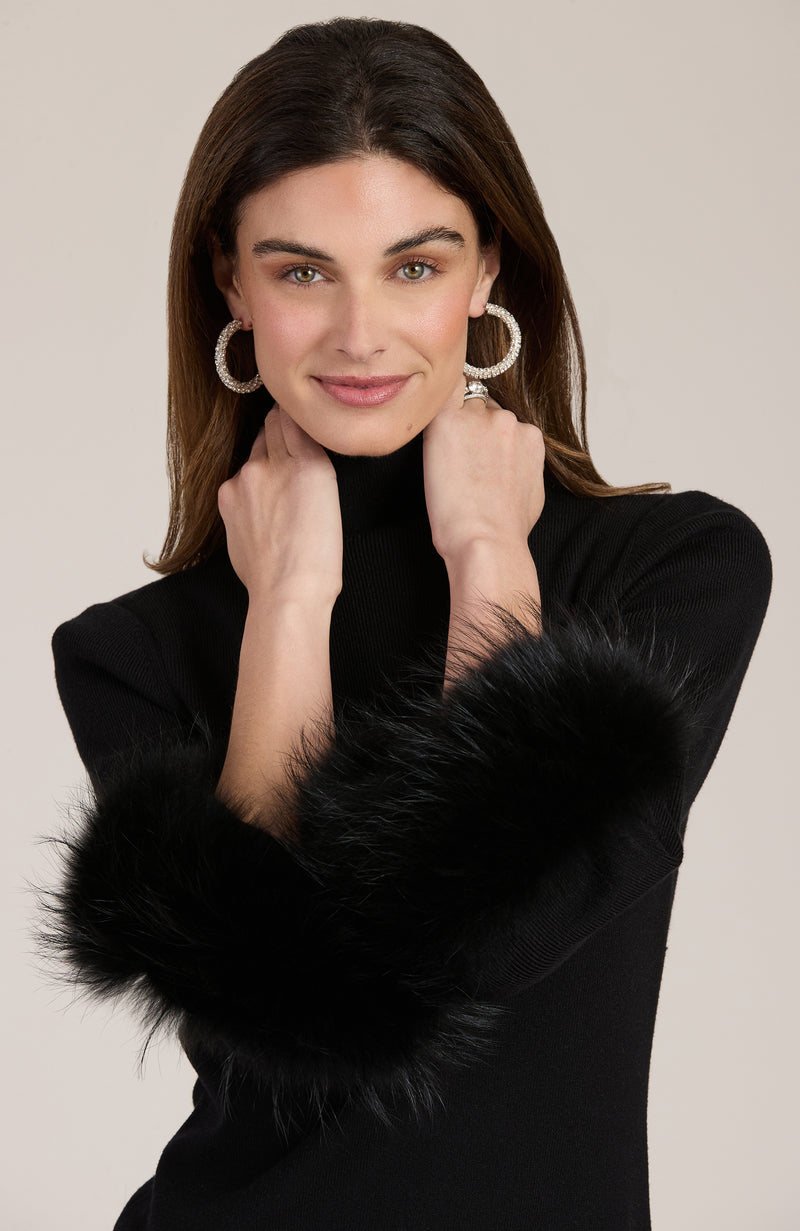 Sloane Fur Trimmed Knit Dress - Black